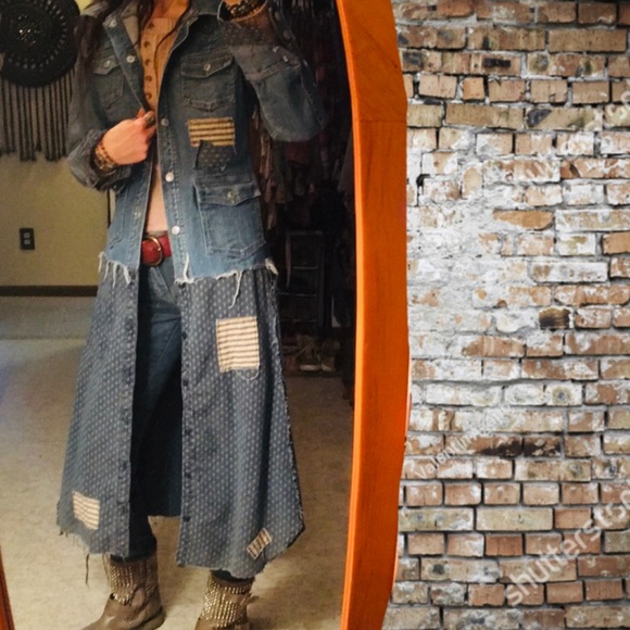 Upcycled patched fringed and frayed denim duster jean jacket - Picture 4 of 16